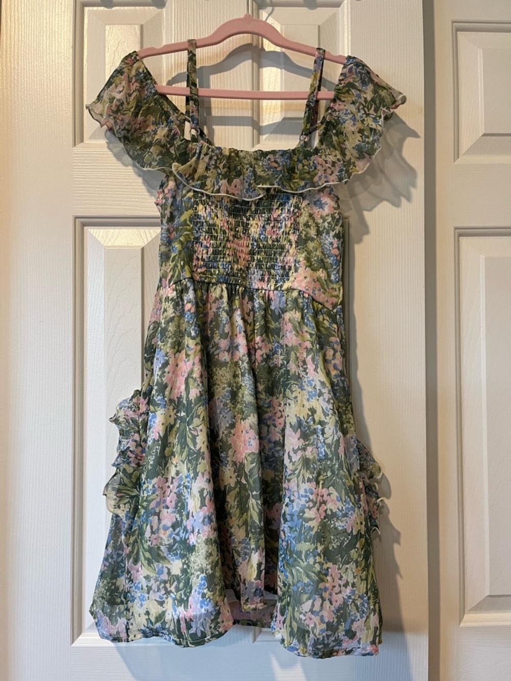 Abercrombie Kids Olive Green Floral Ruffle Dress with Pink & Blue Accents - Picture 10 of 11